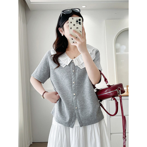 翠袖大码女装小香风娃娃领掐腰短袖T恤女2025夏新款胖mm法式上衣