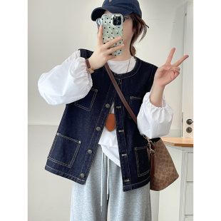 宽松坎肩无袖 大码 新款 胖mm牛仔马甲女时髦洋气秋季 背心外套潮 女装
