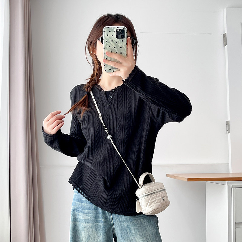 翠袖大码女装法式胖mm黑色打底衫女2025新款蕾丝长袖t恤气质上衣