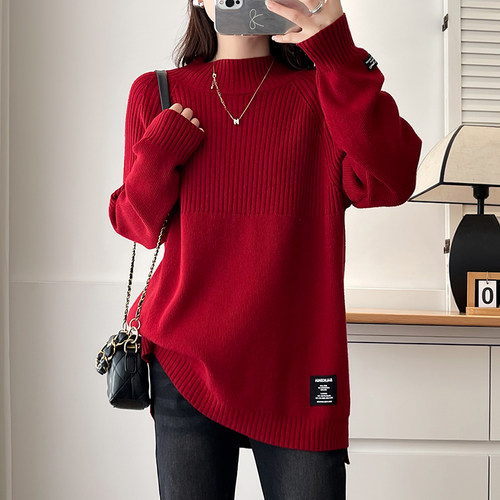 翠袖大码女装秋冬季胖mm半高领加厚红色毛衣女2025新款针织衫上衣