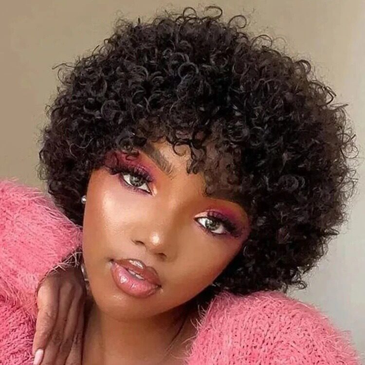 Sleek Natural Color Afro Kinky Curly Bob Human Hair Wigs图片