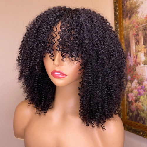 筷子卷无发块发套Kinky Curly Human Hair Wigs With Bangs真人
