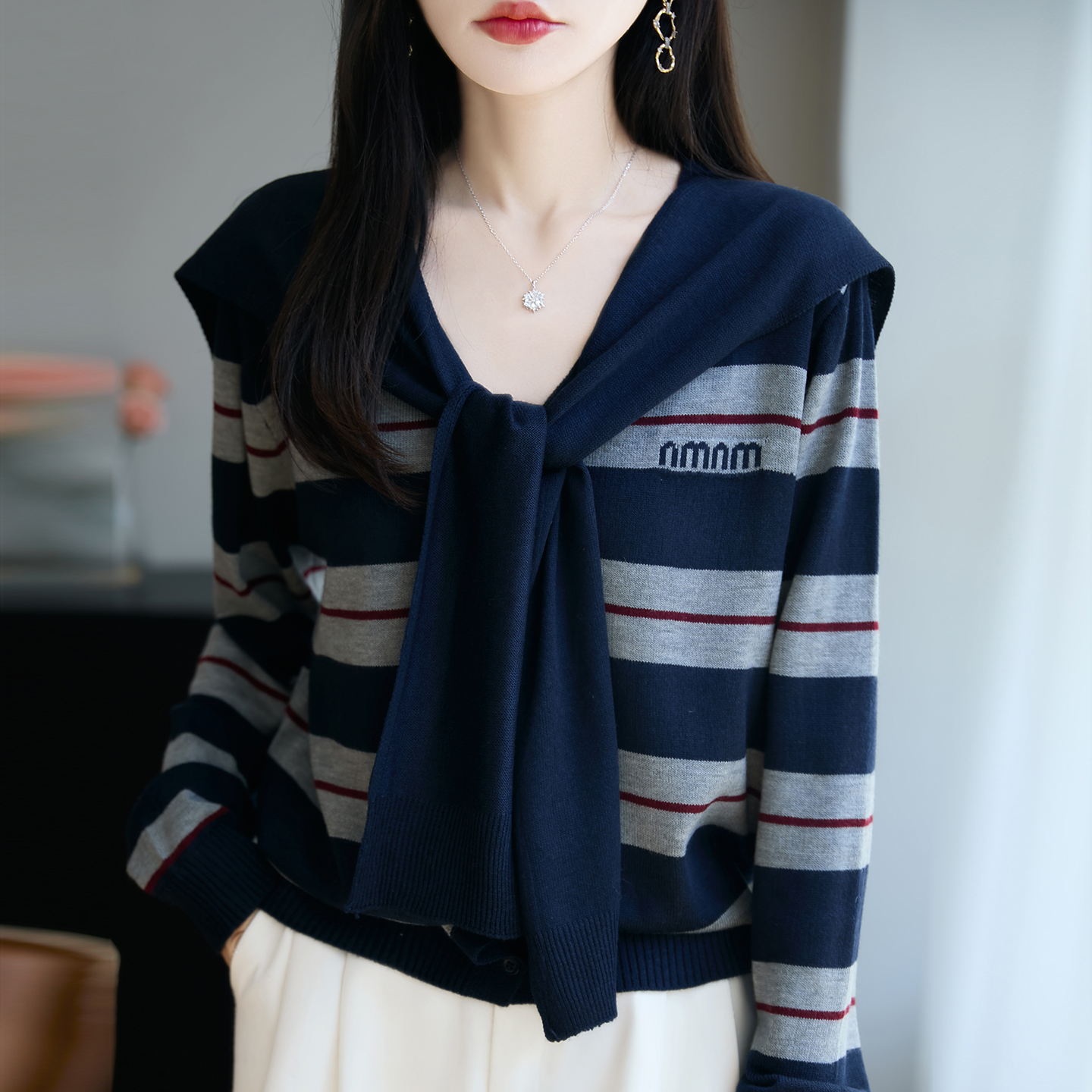 法式撞色条纹假两件披肩针织开衫女短外套毛衣2025宽松设计感上衣