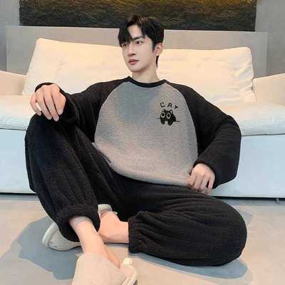 2025年新款保暖加厚睡衣男款秋冬季珊瑚绒加肥大码家居服两件套装