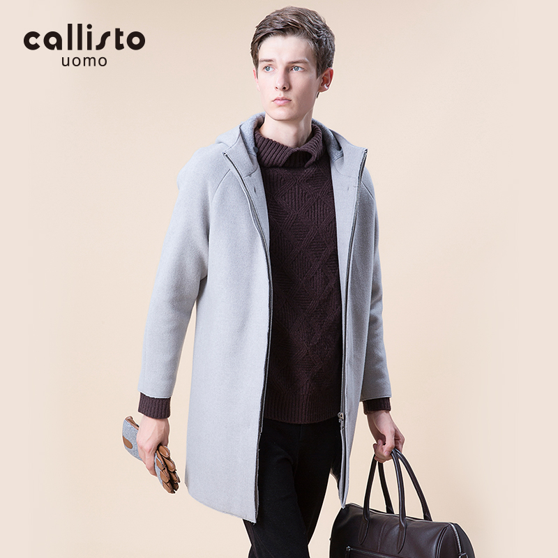 CALLISTO卡利斯特秋冬男纯色连帽中长款羊毛大衣外套FNFEC026LG