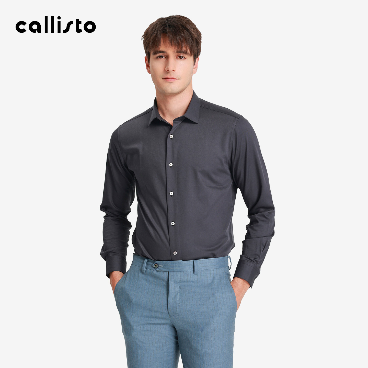 【亲肤羊毛衬衣】callisto2025秋冬新款男士长袖纯色翻领休闲衬衫