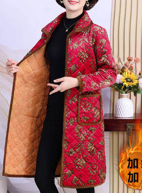 加厚绒睡袍妈妈中长款40-50岁冬装外套大花棉袄中老年女家居服浴