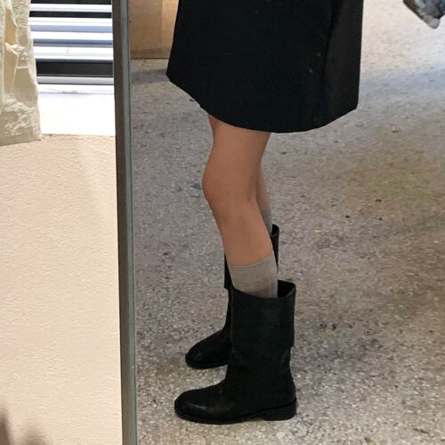 复古软皮骑士中筒靴宽筒马丁靴女