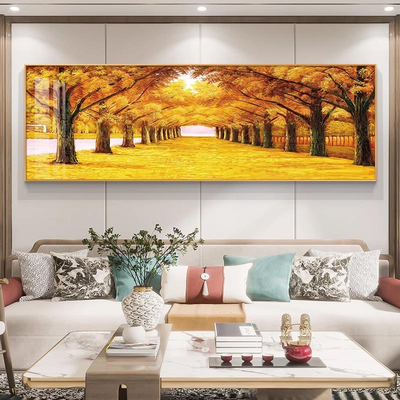 黄金满地客厅挂画沙发背景墙面装饰画现代轻奢黄金大道发财树壁画图片