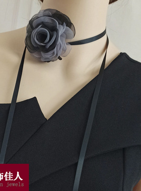 项圈颈链颈链脖子系带绢纱网红法式高级氛围花朵项链复古choker