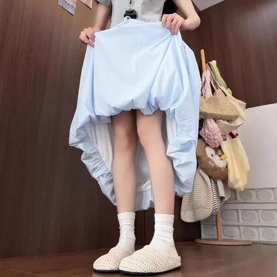 蓝色半身裙女夏季2025新款高腰显瘦中长款a字裙小个子遮胯花苞裙