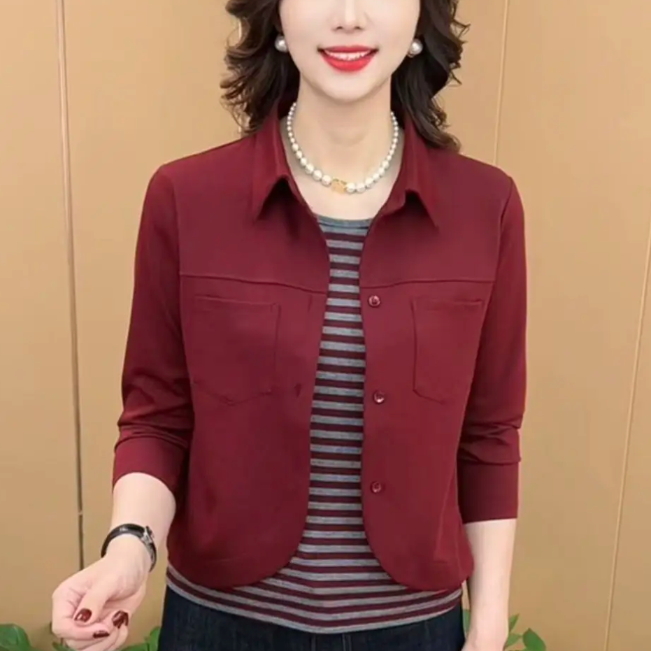 秋季新款时尚假两件衬衫款上衣显瘦减龄休闲翻领条纹拼接百搭上衣
