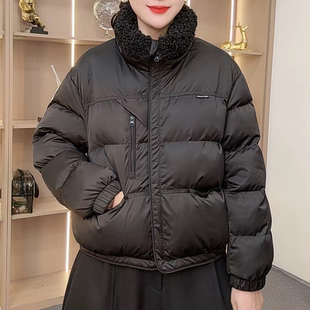 风毛领拼接翻领短款 工装 棉服设计感加厚保暖休闲纯色外套 新款 冬季