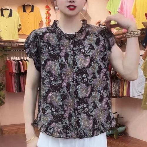 夏季新款薄款花边领短袖衬衫碎花衬衫显瘦百搭舒适透气休闲上衣