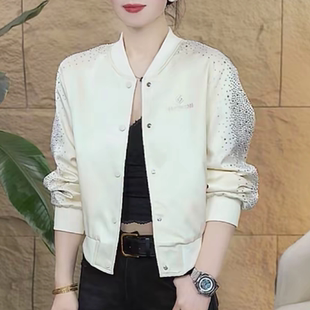 春季新款纯色休闲设计感亮片拼接棒球服短外套女百搭时尚夹克上衣