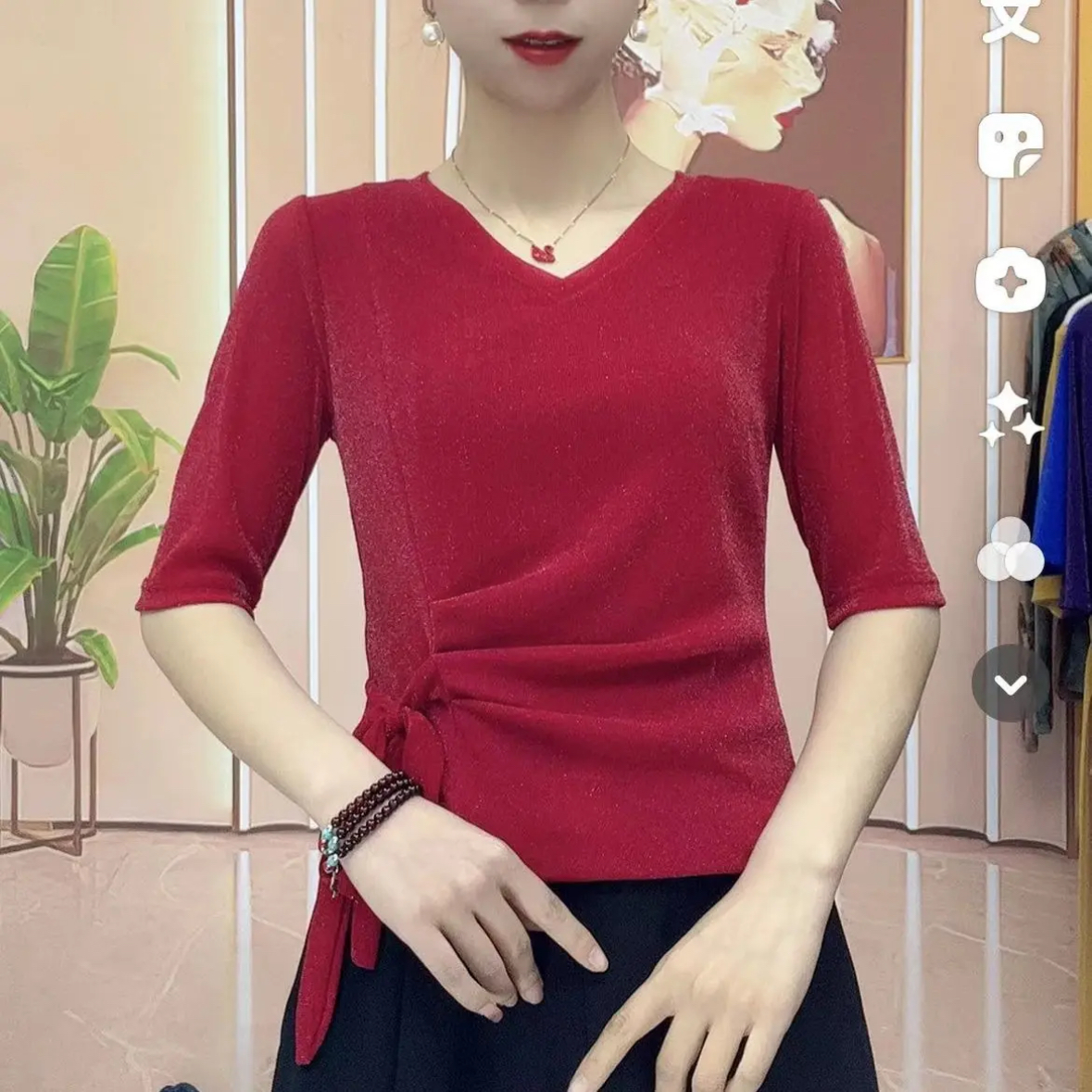 春夏中袖洋气弹力网纱V领系绳气质小衫减龄百搭修身显瘦打底衫女