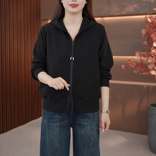 秋冬新款休闲连帽双拉链开衫卫衣女黑色宽松显瘦百搭纯色休闲外套