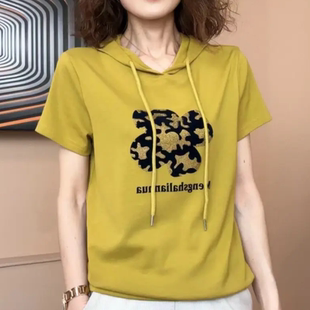 夏季新款时髦短袖戴帽上衣减龄妈妈大码宽松印花烫钻字母连帽卫衣