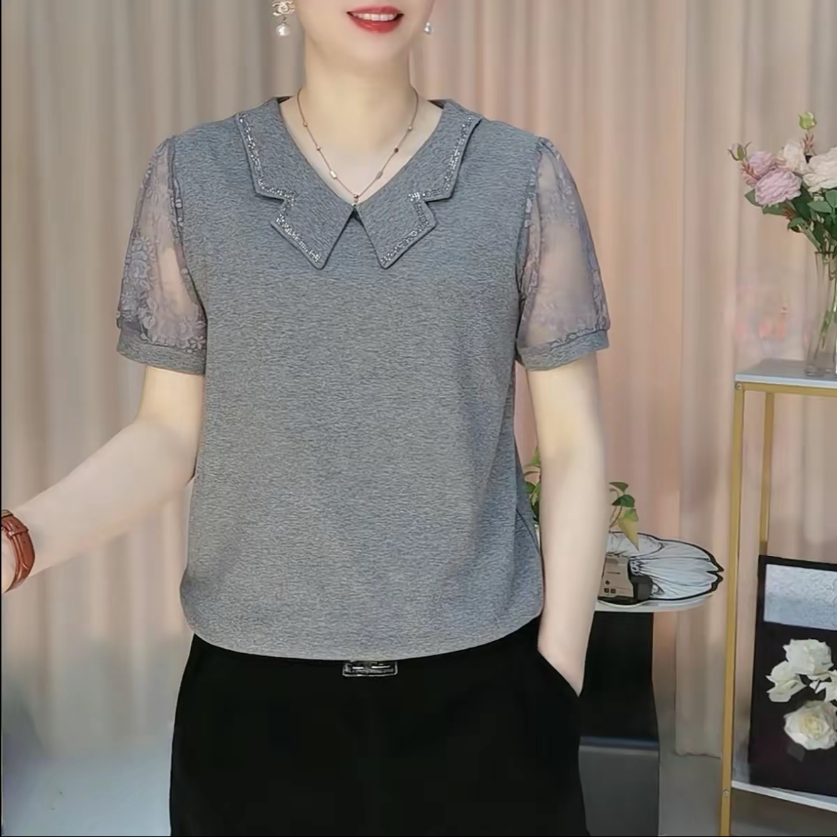 夏季新款娃娃领气质薄款短袖气质百搭显瘦减龄蕾丝拼接纯色打底衫