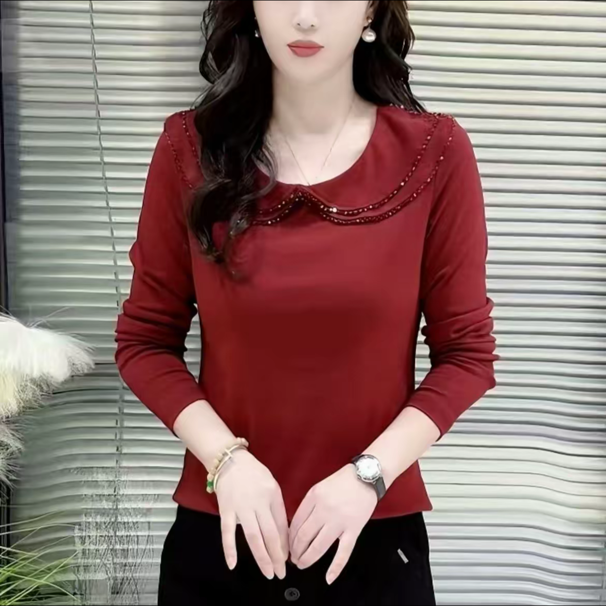 秋季新款时尚洋气长袖显瘦减龄设计感娃娃领纯色百搭打底衫上衣女,女装/女士精品,T恤,淘宝优惠券,粉丝福利购,淘宝优惠卷