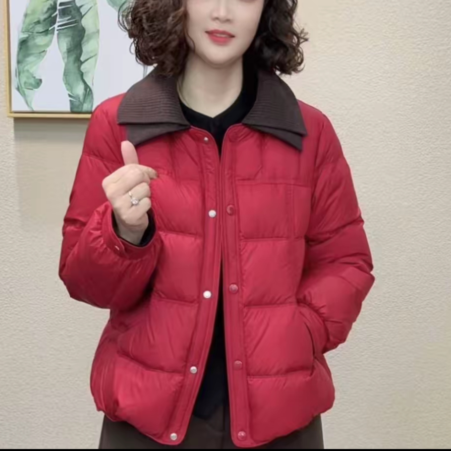 冬季新款双层领针织拼接短款棉服设计感加厚保暖休闲纯色宽松外套