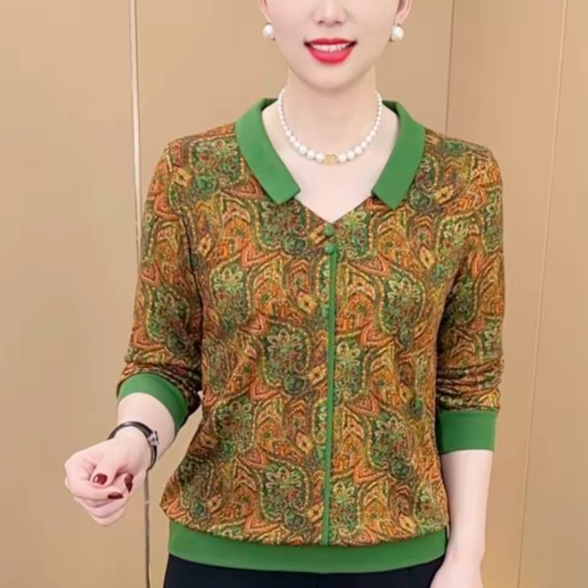 秋季新款时尚翻领绿色显瘦洋气拼接钻石领印花长袖上衣气质小衫女