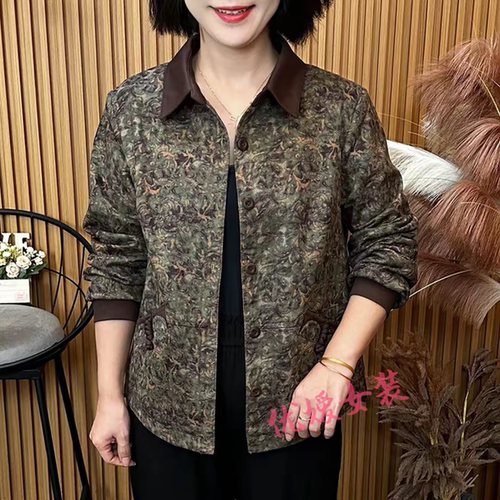 秋季新款时尚洋气长袖外套显瘦减龄设计感印花翻领休闲妈妈上衣女