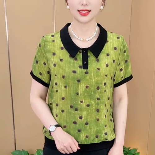 夏季新款娃娃领印花短袖气质百搭显瘦减龄宽松洋气拼接波点打底衫
