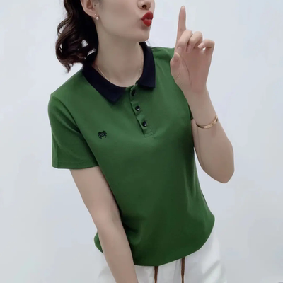 夏季新款时尚洋气翻领刺绣短袖T恤拼色显瘦减龄休闲百搭气质上衣