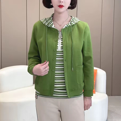 春季新款时尚洋气连帽卫衣显瘦减龄百搭休闲假两件拼接妈妈上衣