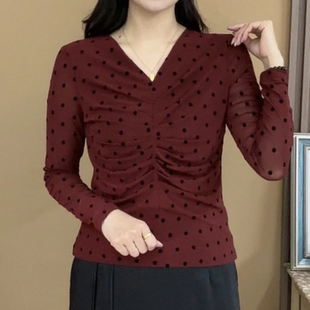 顯瘦褶皺波點百搭上衣洋氣小衫 秋季 女修身 V領(lǐng)網(wǎng)紗打底衫 新款 長袖