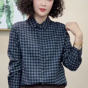 冬季新款格子衬衫宽松显瘦单排扣气质减龄上衣常规款百搭显瘦长袖