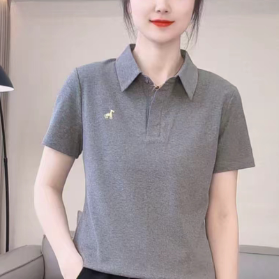 夏季新款韩版短袖T恤polo领小马刺绣百搭显瘦减龄纯色休闲上衣女
