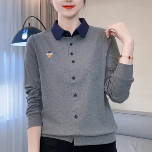 女洋气减龄妈妈装 春季 上衣女 打底衫 百搭显瘦翻领撞色长袖 新款 时尚