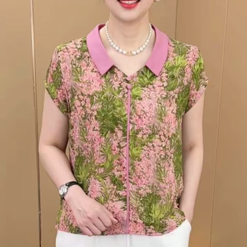 夏季新款休闲风洋气翻领短袖T恤撞色显瘦洋气减龄妈妈碎花上衣女