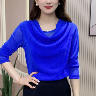 上衣 新款 堆堆领半高领亮丝遮肉显瘦女人味长袖 小衫 气质自由领时尚