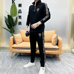 HK潮牌男装男士春秋季轻奢修身帅气流长袖半拉链立领套装2100长裤