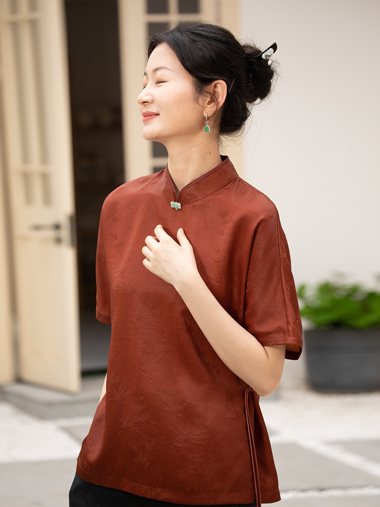 布小匠桑波缎提花红云纱上衣