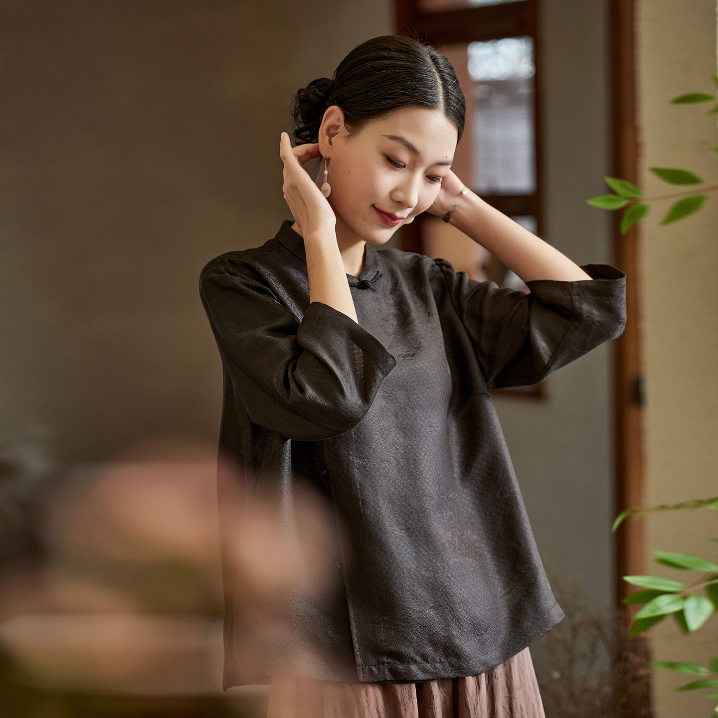 布小匠原创设计桑蚕丝交织提花香云纱衬衫女2026新款春装中式上衣