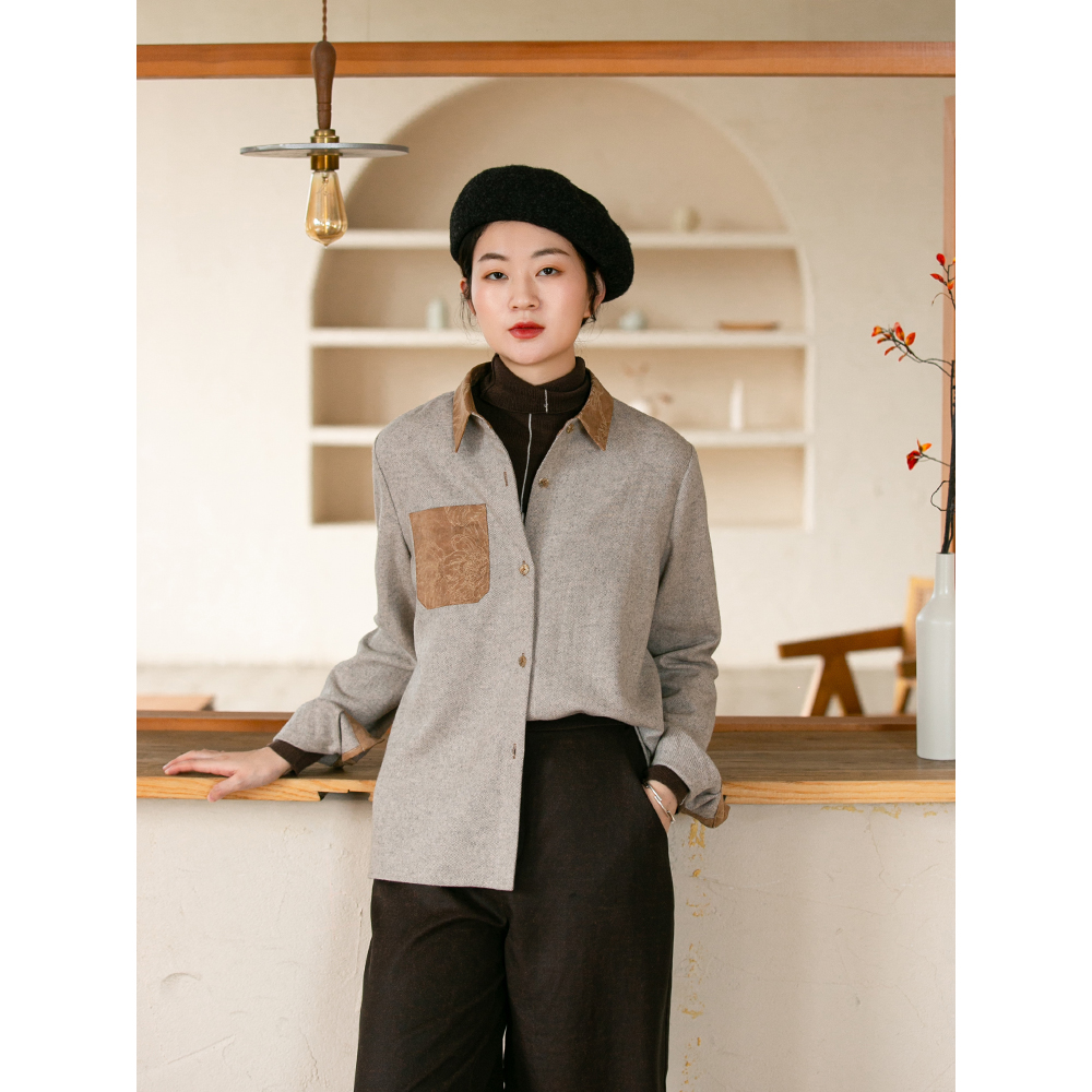 5折清仓-原创设计冬季新款灰色肌理休闲香云纱羊毛拼接衬衫上衣女