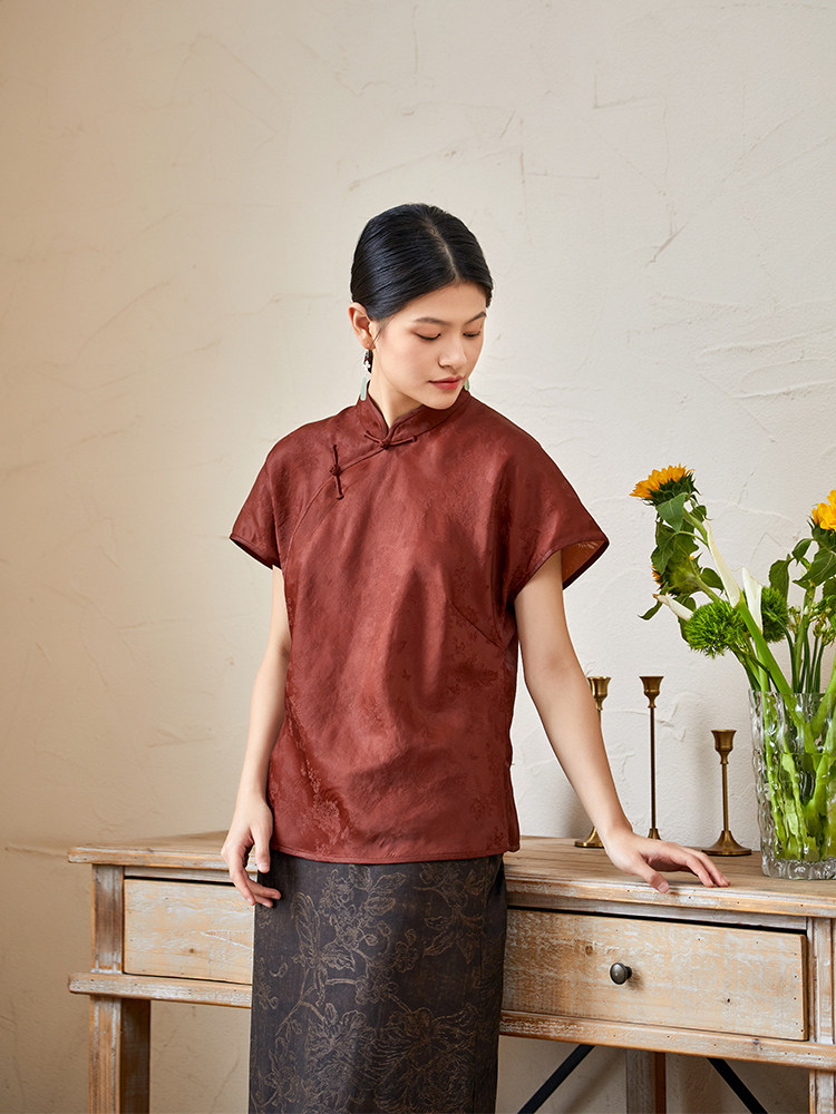 布小匠原创设计桑蚕丝提花缎短袖旗袍上衣夏款新中式简约风衬衫女