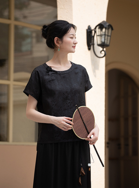限量-布小匠桑蚕丝花罗香云纱短袖上衣女装新中式国风黑色衬衣