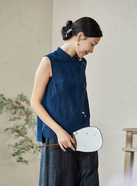 布小匠原创设计夏季新款蓝色龟纹香云纱桑蚕丝绣花无袖旗袍上衣女