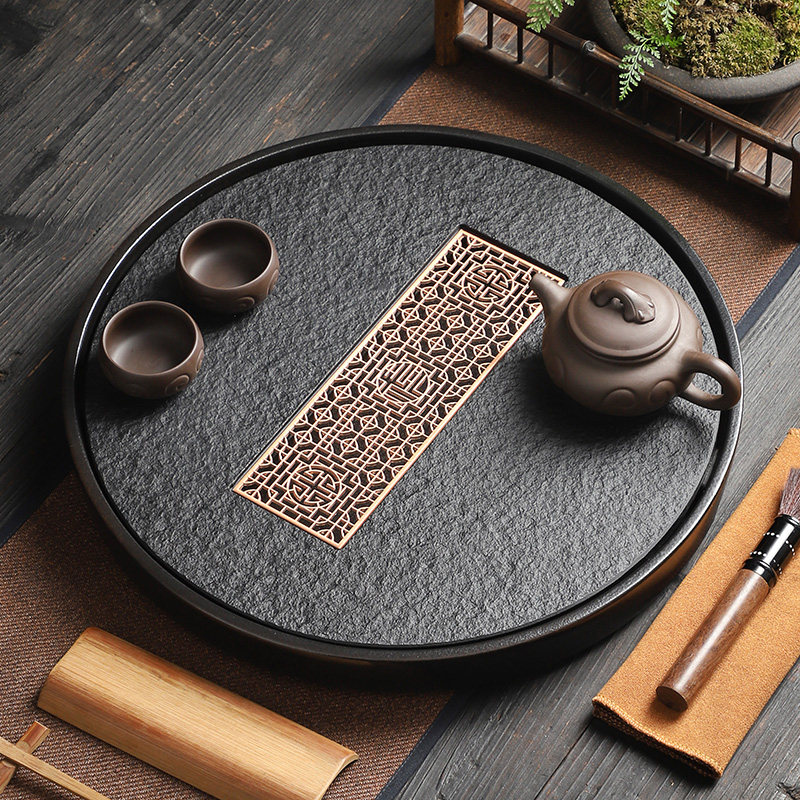 陶福气 圆形乌金石茶盘家用 现代简约陶瓷储水排水百搭茶台茶托