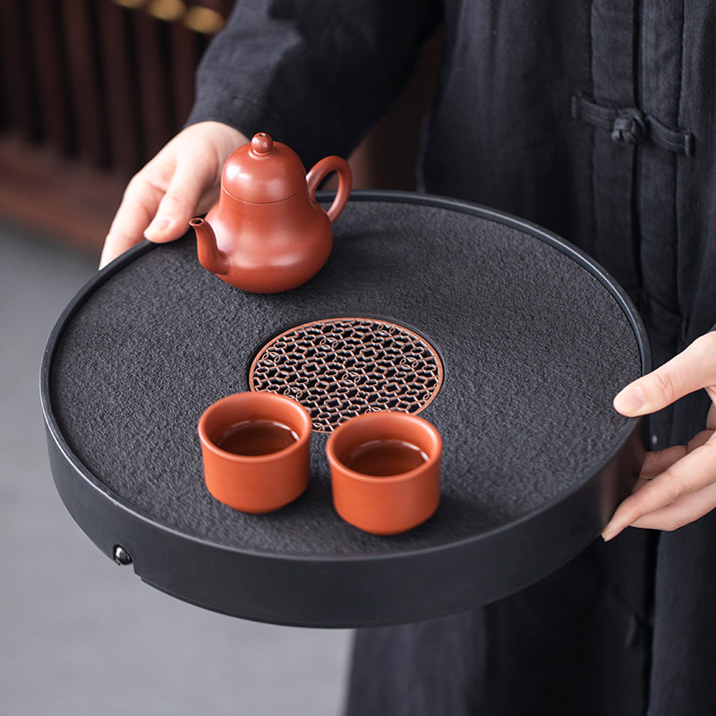 陶福气 圆形排水储水两用石头茶盘干泡台 家用茶具小茶台沥水托盘