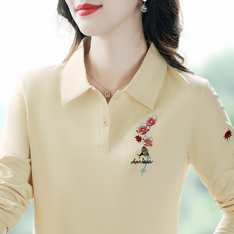 长袖上衣女减龄2025新款妈妈polo衫宽松打底绣花翻领0803b