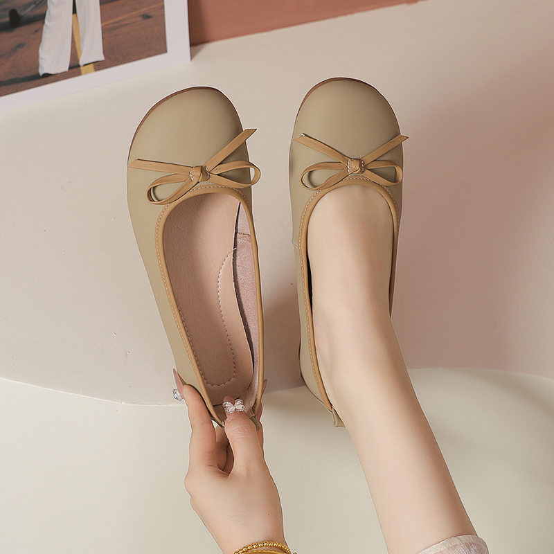 牛筋平底真皮圆头蝴蝶结豆豆鞋女