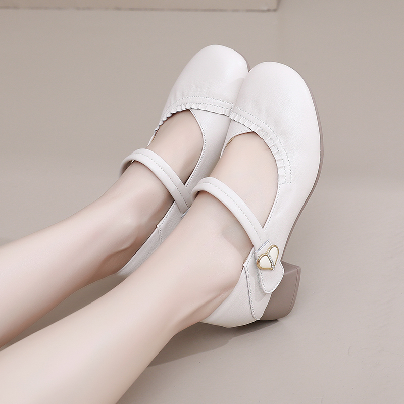 真皮圆头粗跟软底时尚玛丽珍单鞋