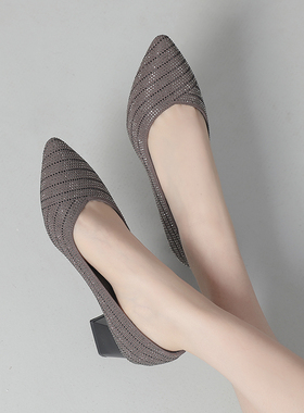 春款瓢鞋磨砂皮带钻中年妈妈鞋子灰色中粗跟浅口单鞋大码女鞋4143