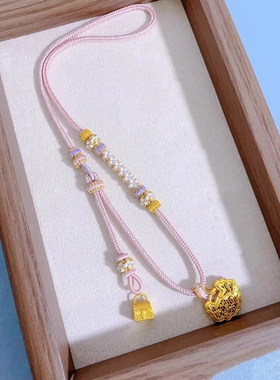 纯手工编织项链八股编桃花结粉色黄金玉石吊坠可调节双挂项链绳女